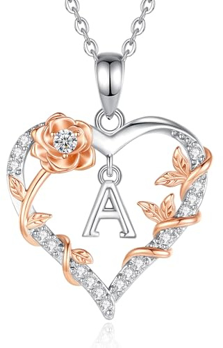 EUDORA Harmony Ball Rose Heart Initial A Necklace for Women Letter A Alphabet Initial Necklaces Copper Rhodium Plated Pendant with Cubic Zirconia, Initials Jewelry Gifts for Women Wife 18
