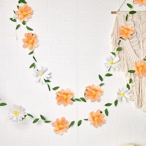 SUNBEAUTY Crepe Paper Flowers Banner Spring Hanging flower Garland Wildflower Banner Orange Floral Party Decorations for Birthday Wedding Baby Shower Home Decorations
