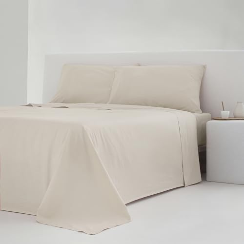 COTTON ARTean Juego de sábanas Cama 150x190 / 200 Percal Algodón 200 Hilos Noa Beige 4 Piezas