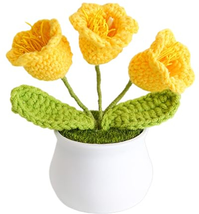 Virkad blombukett – handstickat blomarrangemang av ull | levande blommor av garn för heminredning, skrivbordsdekoration och kreativ presentdekoration för vardagsrumsdekoration