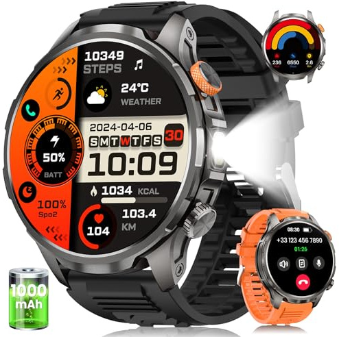 Smartwatch Herren mit 1000mAh Akku/LED Taschenlampen, 1.91 AMOLED 5ATM Smartwatch Militär Fitness Tracker mit Telefonfunktion, 113 Sportmodi Sportuhr/24/7 Herzfrequenz/Schlafmonitor/SpO2/iOS Android