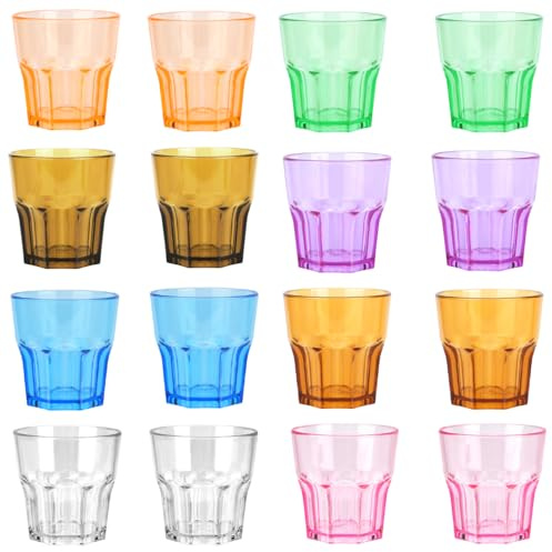 16 Pièce Verre a Eau en Acrylique Réutilisables, Multicolore de 160 ml pour Verres à Jus et Soda Tumbler, 5.63 OZ Gobelets Empilables Colorés Sans BPA pour Camping Restaurant (16PCS, 8 Colours)