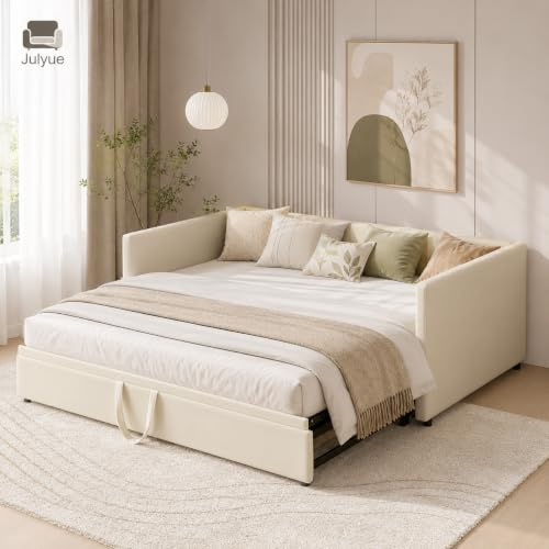 Julyue Bäddsoffa 90/180 x 200 cm, 2-sits utdragbar soffa med sovfunktion, konvertibel dagsäng till dubbelsäng, ribbotten, beige sammetstyg, utan madrass