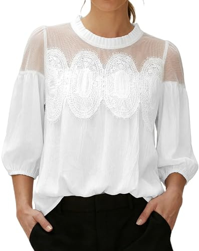 Bsubseach Women Lace Detail Blouses 3/4 Puff Sleeve Textured Swing Babydoll Mesh Top Crew Neck Embroided Elegant Shirt White XL