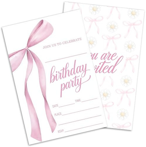 25Pcs Girls Party Invitations, Elegant Birthday Party Invitations with Bow and Flower, Sweet Birthday Invitations, Invitation Cards for Girls and Women