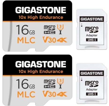 [10x High Endurance] Gigastone 16GB MLC Tarjeta de Memoria Micro SD, Paquete de 2, grabación de Video 4K de Alta Resistencia 10x, Cámara de Seguridad, vigilancia, Tablero 90MB/s, U3 C10 Micro SD MLC