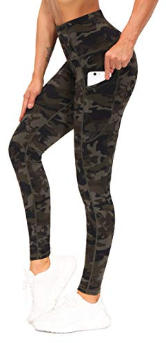 THE GYM PEOPLE Thick High Waist Yoga Pants with Pockets, Tummy Control Workout Running Yoga Leggings for Women (Medium, Army Green Camo)