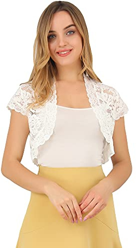 Allegra K Women's Lace Shrug Elegant Short Sleeve Open Front Sheer Floral Cardigan Cropped Bolero Shrugs Medium White