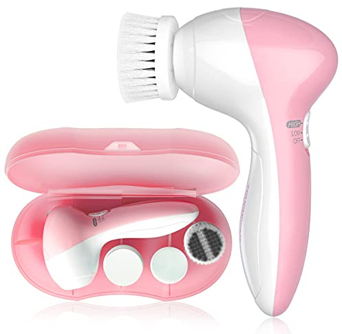 Electric Facial Cleansing Brush for Women, 3-in-1 Face Cleanser and Exfoliator Brush with 3 Brush Heads, 2 Speeds, Waterproof Spin Brush, Travel Size Case, Perfect for Valentine's Day (Pink)