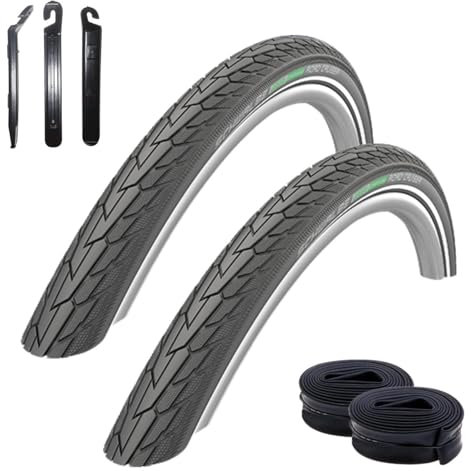 2 x Schwalbe Road Cruiser Schwarz Reflex Fahrradreifen 47-622 (28 x 1.75) + 2 x Schwalbe DV17 Schläuche inkl. maxxi4you Reifenheber