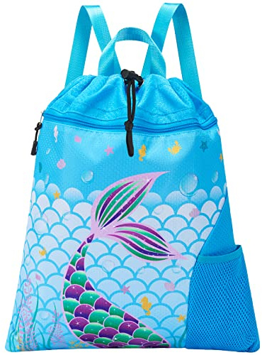 WAWSAM Sirène Sac à Dos à Cordon de Sport - Sac de Sport pour Filles et Enfants Étanche Nager Plage Sac à Dos Anniversaire Cadeau de Noël avec Poche Avant et Poche pour Bouteille d'Eau