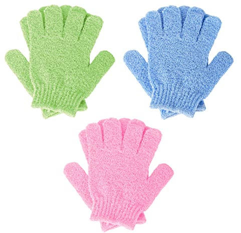 GWAWG Guantes exfoliantes, 3 pares para masaje de ducha y spa para eliminar las células muertas de la piel, depurador corporal, accesorios de baño, guantes de toalla de lufa