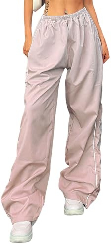 XPONNI Track Pants Women Baggy Y2k Parachute Clothing (Pink, L, Large)