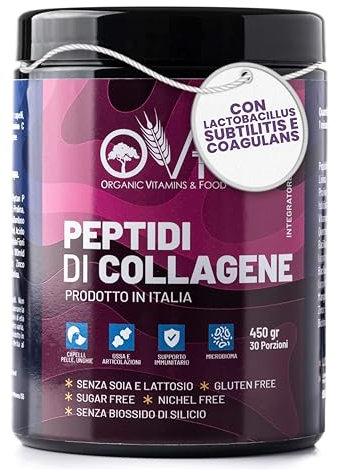 OVF Peptidi di Collagene Idrolizzato (grass Fed) - Supporto Articolazioni e Pelle - Integratore 450g Collagene Puro con Biotina, Quercetina, Vitamina C e Zinco - Made in Italy
