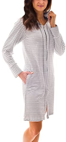 Aquarti Peignoir avec Fermeture éclair et Capuche Robe de Chambre Zippe pour Femme, Rayé Blanc, XXL