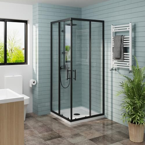 NRG 700 x 700mm Square Black Sliding Doors Corner Entry Shower Enclosure 6mm Easy Clean Glass