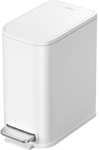 Cesun Small Bathroom Trash Can with Lid Soft Close, Step Pedal, 5 Liter / 1.3 Gallon Stainless Steel Garbage Can with Removable Inner Bucket, Waste Basket for Bathroom, Bedroom (White)