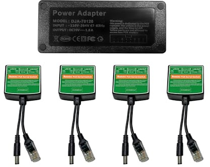 PoE Injector Adapter with 4 PoE Splitters 5.5x2.1mm 12V2A Output, PoE Serial Splitter Kit Comply IEEE 802.3af/at Standard, Total Distance Up to 1312 ft for Non-PoE Devices. (PoE Serial Switch Indoor)