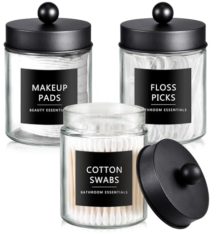 SheeChung 3-Pack Black Glass Apothecary Jars - Rust-Proof Stainless Steel Qtip Holder Set - Modern Farmhouse Bathroom Vanity Organizer for Cotton Swabs, Balls, Pads - Countertop Storage Canister