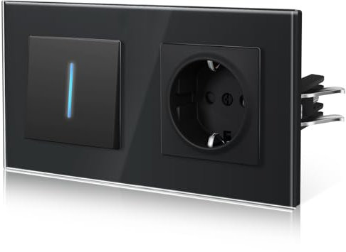 BSEED Interrupteur de lumière avec prise en verre, interrupteur de plâtrage rétroéclairé avec griffe, commutable nouvelle série E, 1 Gang 1 voie, noir 157mm