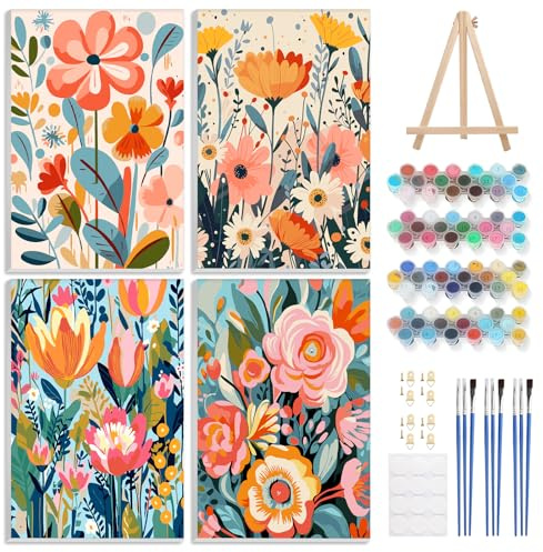 NAIMOER 4 Pack Framed Paint by Numbers Flowers for Adults Kids, DIY Bouquets Painting by Numbers with Frame Wooden Holder, Art on Canvas for Beginners Gifts Home Wall Decor 8x12in