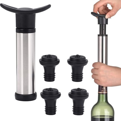 SEABABOO Tappo Di Bottiglia Di Vino Pompa A Vuoto In Acciaio Inossidabile 2 In1 Versatore Di Vino Con Tappo Di Bottiglia Pompa Per Vuoto Per Vino Con 4 Tappi Riutilizzabile Per Vino Accessorio (Nero)