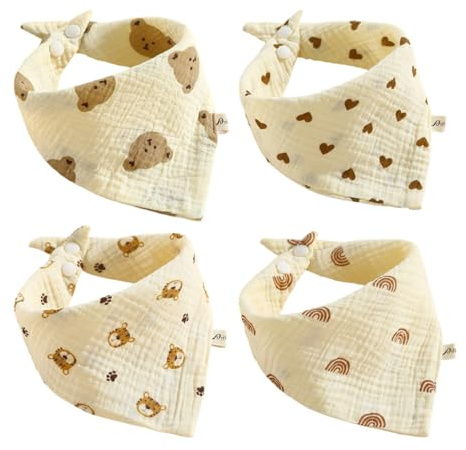 XUKZIMA Babero triangular de muselina para bebé, 4 unidades, super absorbente, algodón orgánico, pañuelo para el cuello para niño y niña, ajustable, baberos recien nacido