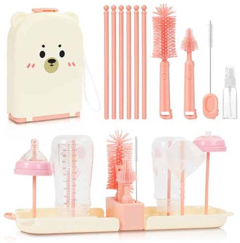 Vicloon 6 in 1 Set di spazzole per biberon, Kit da Viaggio per la Pulizia del Biberon con Spazzola in Silicone per Biberon/Tettarella/Cannuccia, Dispenser di Sapone e Stendibiancheria(Rosa)