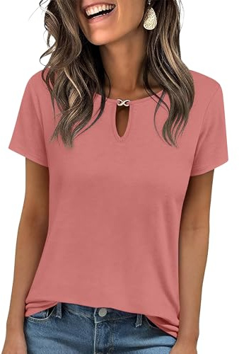 ANRABESS Womens Short Sleeve Tops Summer Tshirts Cute Keyhole Neck Casual Basic Tee Dressy Work 2026 Spring Trendy Outfits Coral Small