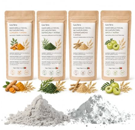 4-pack kaolin ansiktsmasker 4 x 50 g | Innehåller 4 portugisiska vita kaolinmasker med gurkmeja, spirulina, ashwagandha och amla. 100 % naturlig
