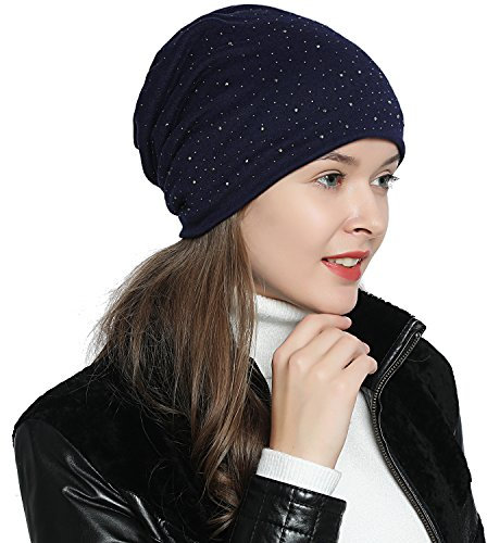 DonDon Damen Mütze Wintermütze Slouch Beanie Silberne Pailletten Nieten dunkelblau