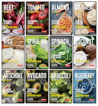 DERMAL Super Food Face Masks Skincare- 12 Pack Facial Sheet Mask for a Glowing Refreshing Skin- Moisturizing Sheet Masks for Face Enriched with Natural Ingredients for All Skin Types