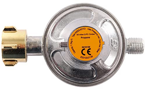 Gasdruckregler 50 mbar, Niederdruckregler Druckminderer - ideal für Gasgrills, Heizstrahler, Hockerkocher, Gaskocher, Lampen, uvm.