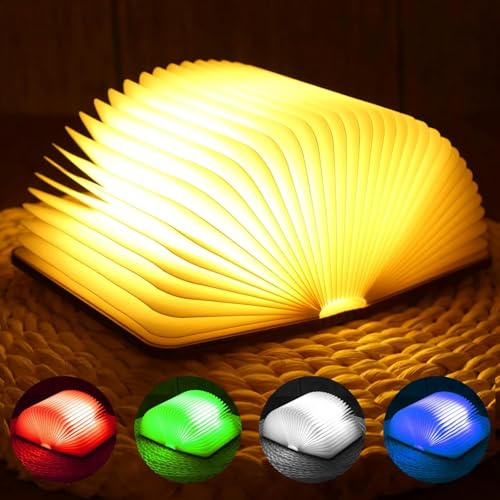 Libro Lámpara LED, Luces Plegables de Madera 360°, USB Lámpara Portatil de Libro Recargable 2000 capacity, 6 colors Luz de humor regulable, para Lámpara de Mesita de Noche, Regalo Cumpleaños y Navidad