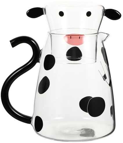 Tomaibaby Bedside Water Carafe Set with Tumbler Glass, 550ML(19Oz) Cow Glass Pitcher Cute Animal Beverage Jug with Lids Hot and Cold Water Drinking Jug for Iced Tea, Juice, Milk, Coffee, Wine