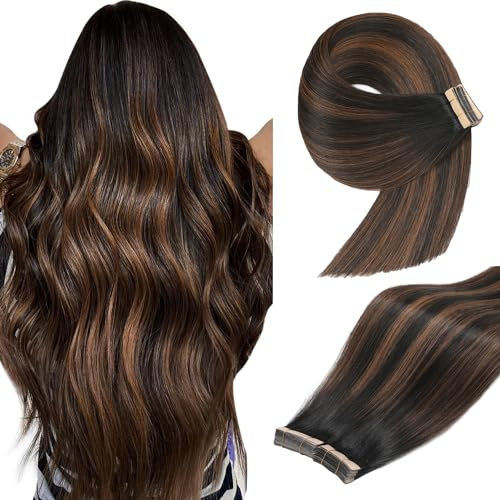 YDDM Tape In Extensions Echthaar 20pcs 50cm 50g Natürliches Schwarz mit Chestnut Braun Invisible Tape Extensions Echthaar Extensions Tape Extensions Echthaar Haarverlängerung(20Zoll,1B/1B/6#)