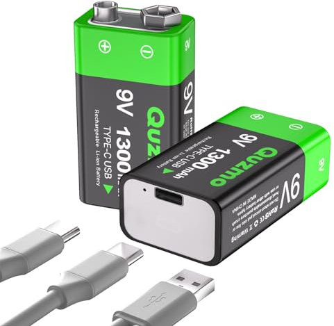 Pilas recargables de 9 V, 1300 mAh, iones de litio, 9 voltios, pilas cuadradas, carga USB-C con cable de carga 2 en 1 para detectores de humo, multímetros, lote de 2