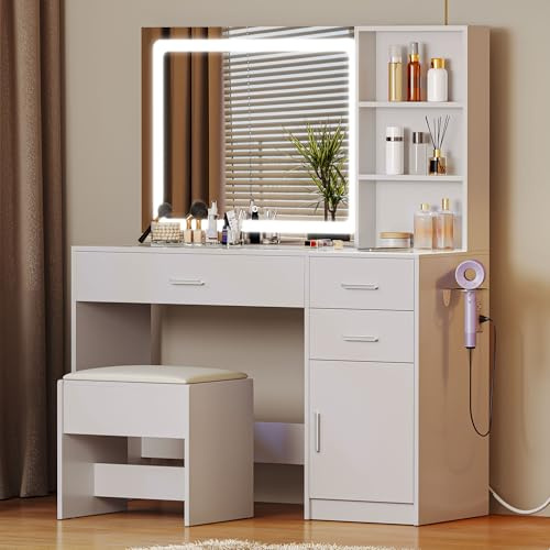 YITAHOM Dressing Table, Glass Top Vanity Table Makeup Desk with 3 Drawers and Storage Cabinets, White Bedroom Dressing Tables with Mirror and Stool, Make up Desk with Charging Station