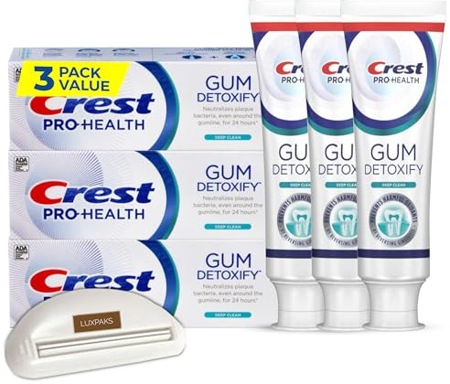 CRST Pro-Health Gum Detoxify Deep Clean Zahnpasta, 136 ml, 3 Stück, beste Zahnpasta für Zahnfleischgesundheit und Tiefenreinigung, gebündelt mit LUXPAKS Squeezer