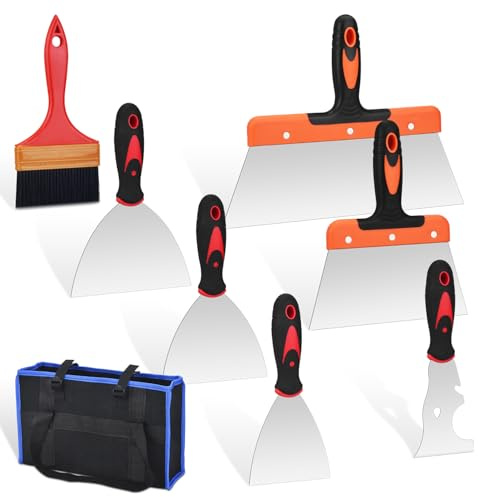 8 PCS Drywall Knife Set, Drywall Hand Tool Kit, Putty Knife in 6 Different Sizes, Brush and Organizer Bag, Spackle Tool Kit for Joint Taping, Finishing, Patching
