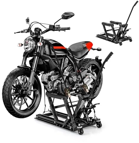 GOPLUS Cric Hydraulique Moto, Hauteure réglable 11-38cm & Charge 680KG, Pont Élévateur Hydraulique avec Repose-Pieds, Roues Verrouillable, Plate-Forme Antidérapant, (Noir)
