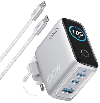 Anker 100W USB C Ladegerät, Laptop Ladegerät, kompaktes 3-Port GaN Wandladegerät, Smart Display, Touch-Steuerung, Für MacBook, iPad, iPhone 17/16/15 Serie (USB-C Kabel inklusive)