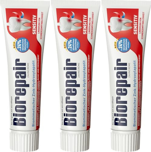 3 x Biorepair Sensitiv Zahncreme – Zahnschmelz-Schutz und Schmerzempfindlichkeit reduzieren – ohne Fluorid – sanfte Pflege für empfindliche Zähne – 75 ml