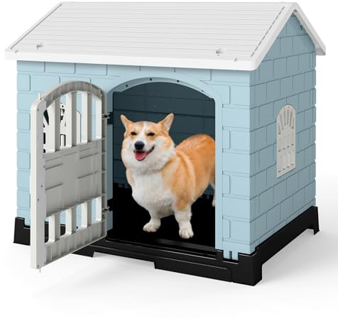 GOPLUS Caseta para Perros de Plástico, Casa para Perro con 3 Ventanas, Puerta con Cerradura, Techo Inclinado, Bandeja Extraíble, Perrera Interior Exterior para Perros Pequeños Medianos Patio (Azul)