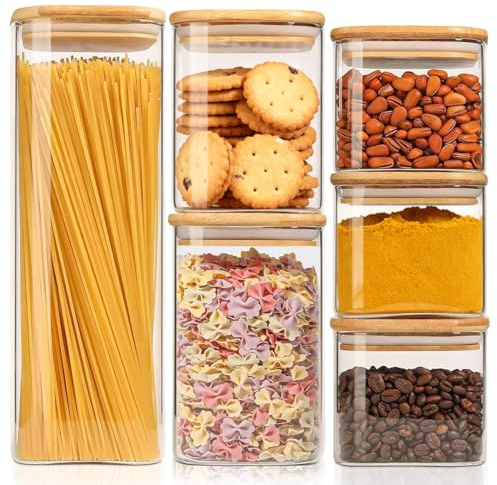 ComSaf förvaringsburkar i glas med bambulock, 550–2100 ml, 6-pack | fyrkantig och kompakt, linser, mini energibars, pumpafrön, smidig förvaring, för skafferi och kök