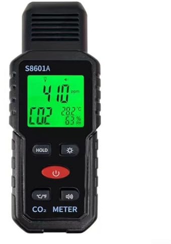 Koldioxidmätare, 3-i-1 handhållen luftkvalitetsmätare med temperatur- och fuktighetstestare dubbel linje LCD-skärm för inomhusluftanalys, färgkodade varningar och automatisk avstängning (S8601A)
