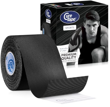 CureTape® Kinesiologitejp | elastisk kinesiotejp med +25% självhäftande kraft | vattentät och latexfri kinesiotejp | sporttejp för skador och obehag | TÜV-certifierad | 5 cm x 5 m | svart