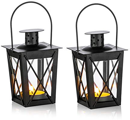 Nuptio 2 Pcs Lanterns for Candles, Vintage Black Metal Mini Decorative Candle Lanterns Tealight Candle Holder & Led Tea Light Candleholder Decoration for Birthday Party Wedding Garden Centerpiece