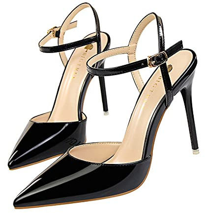 Dammode spetsig högklackad patentläder ankelrem stilett stängd tå klänning flicka sandaler klänning pumps hovskor pumps hovskor för fest nattklubb bröllop klack höjd 10,5 cm, Svart, 38 EU