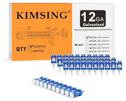 MTSD-19 12 Gauge 3/4 Inch X .109 Inch Smooth Shank Plastic Collated Concrete and Steel Drive Pin Mechanical Galvanized for Gas Power Concrete and Steel Nailer 1000 PCS/Box (1 caja) | Galvanizado grueso anticorrosión, tira plástica para carga fácil, 19mm, para puertas, ventanas y techos